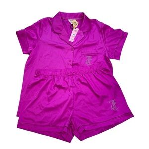 Juicy Couture 2pc Pajama Shorts Set Pink Satin Bling Spell Out Rhinestones M